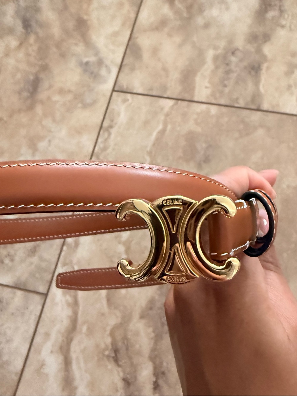 Celine Tan calf skin Belt with Gold Triomphe Buckle